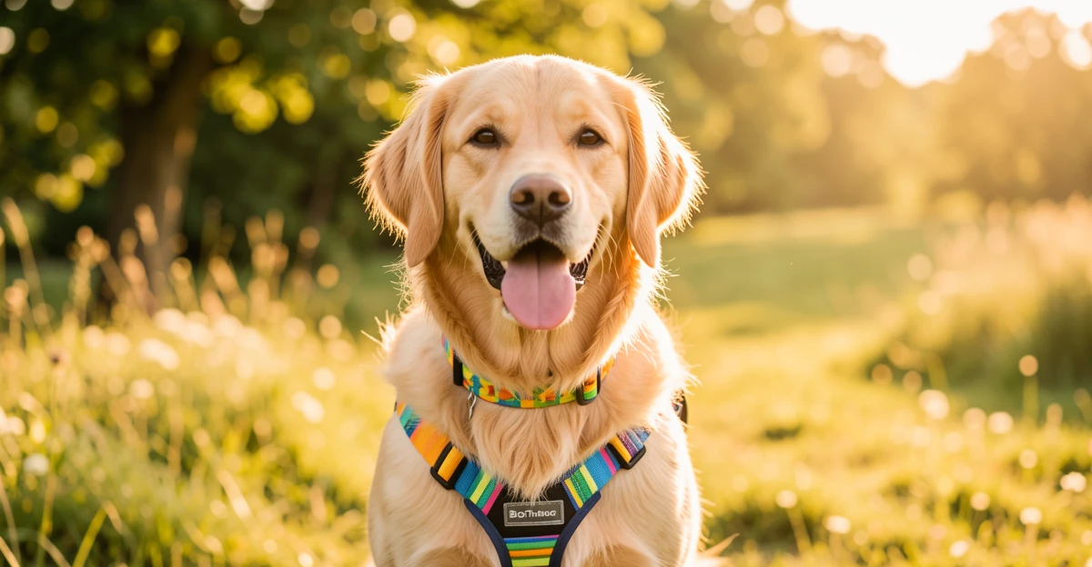 Chien heureux portant un harnais biothane coloré en extérieur