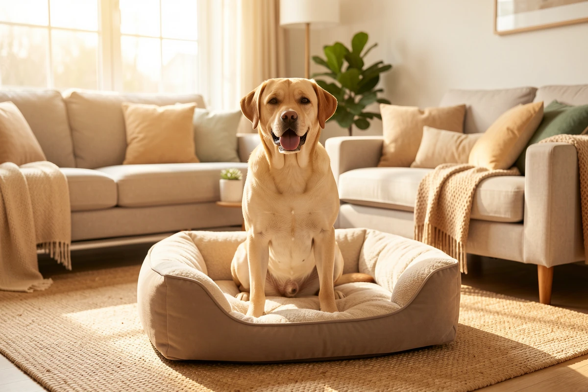 Labrador heureux dans un panier moderne