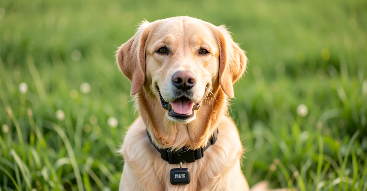 Chien avec collier GPS dans un champ vert - géolocalisation canine