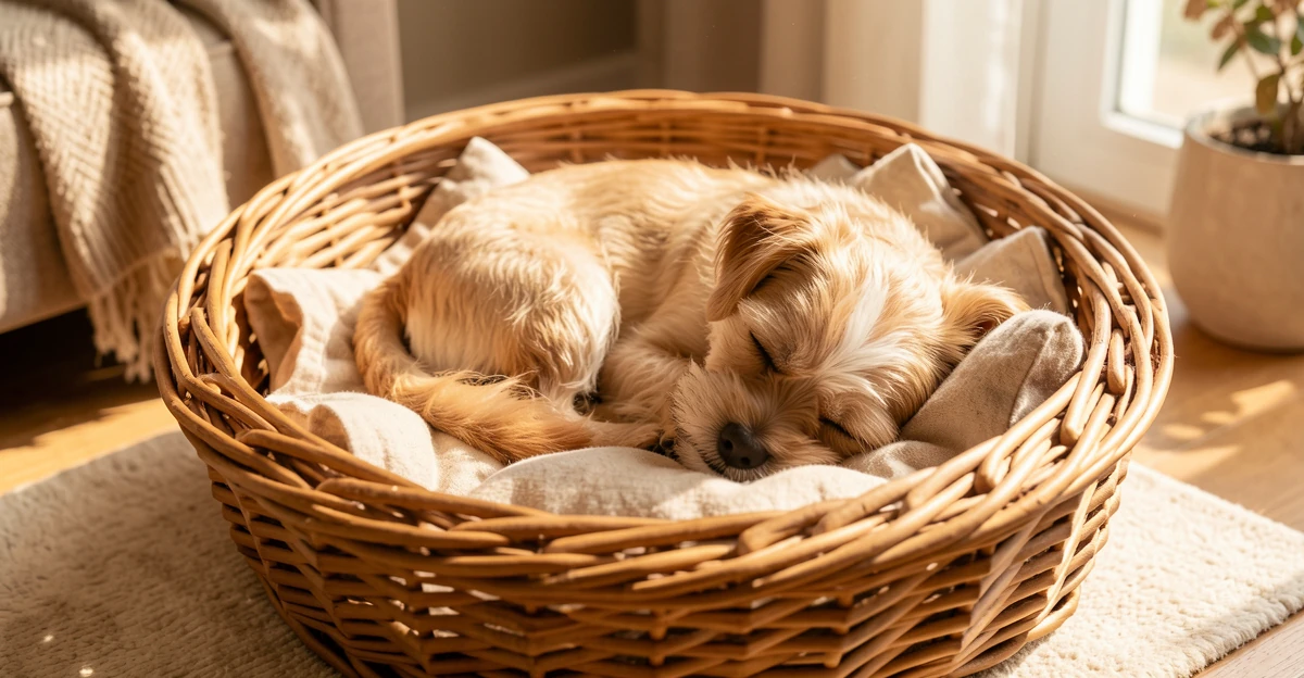 Petit chien dormant paisiblement dans un panier en osier rond