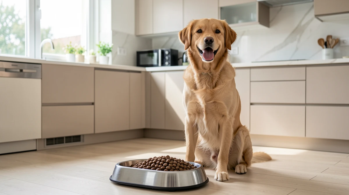 Chien heureux avec pâtée dans sa gamelle