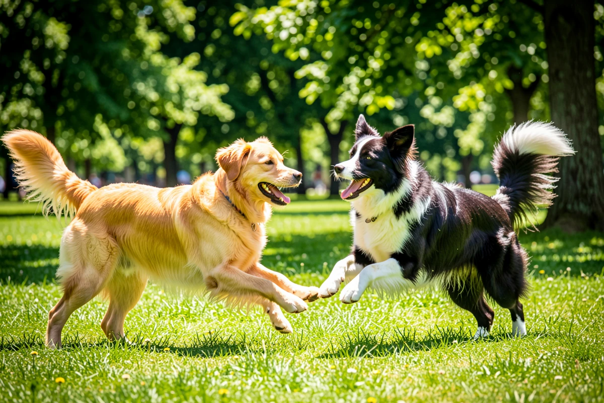 Deux chiens jouant dans un parc
