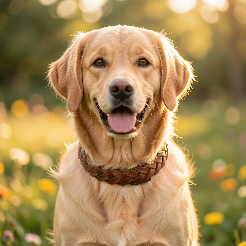 Chien portant un collier tressé cuir en extérieur