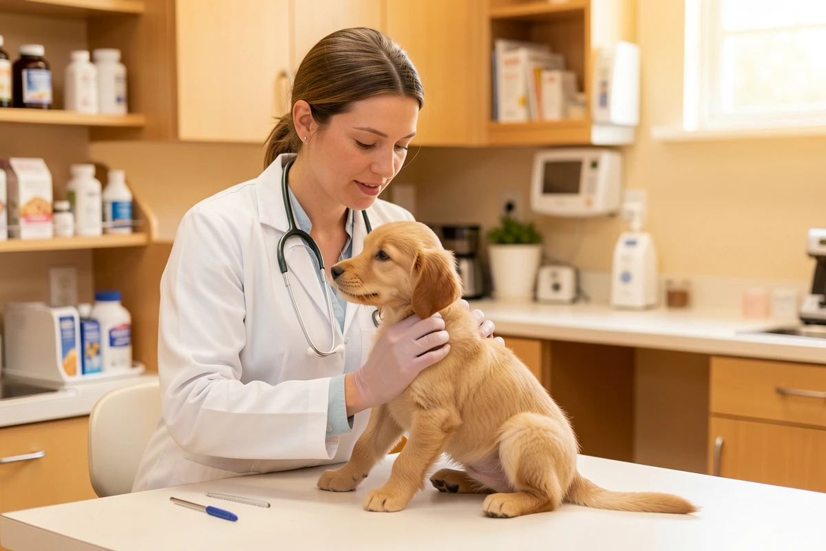 vétérinaire consultant un chiot pour adapter ses croquettes