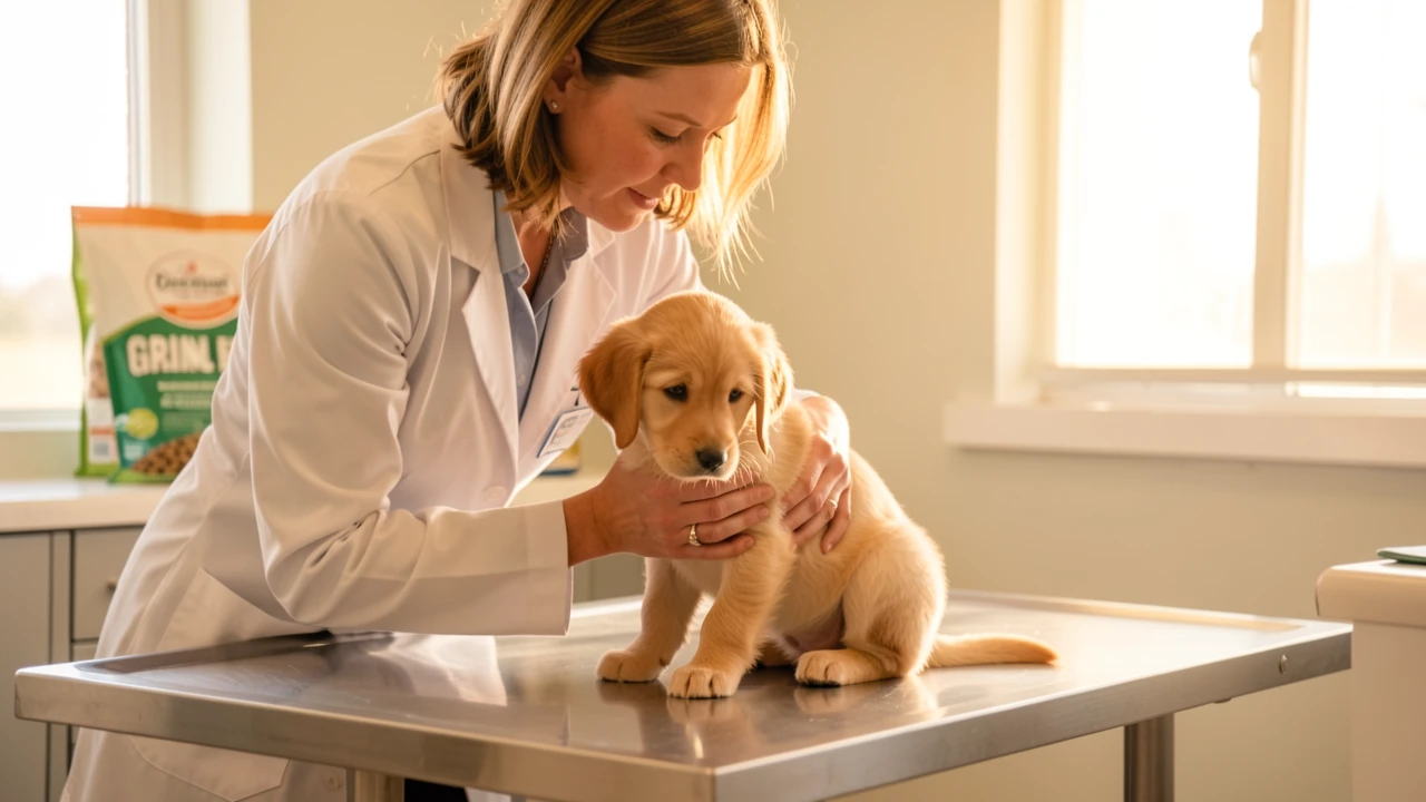 vétérinaire consultant un chiot pour adapter ses croquettes sans céréales