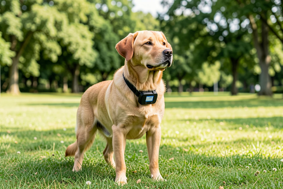 Chien avec collier electronique en exterieur