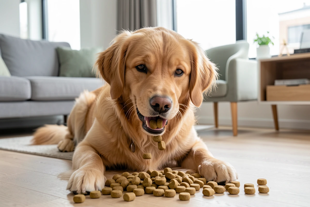 Chien heureux mangeant ses croquettes hypoallergéniques
