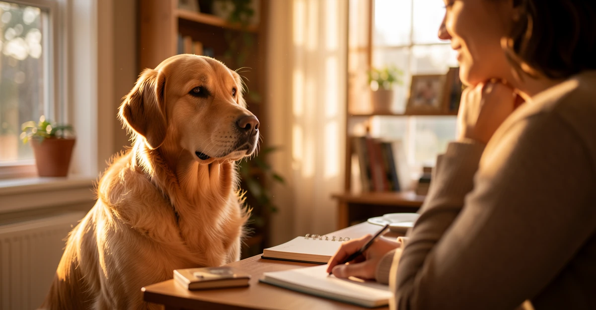 Chien golden retriever assis avec son propriétaire - assurance chien Macif