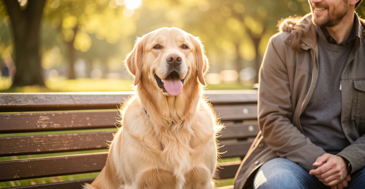 Chien et propriétaire assis sur un banc de parc - quel assurance pour chien