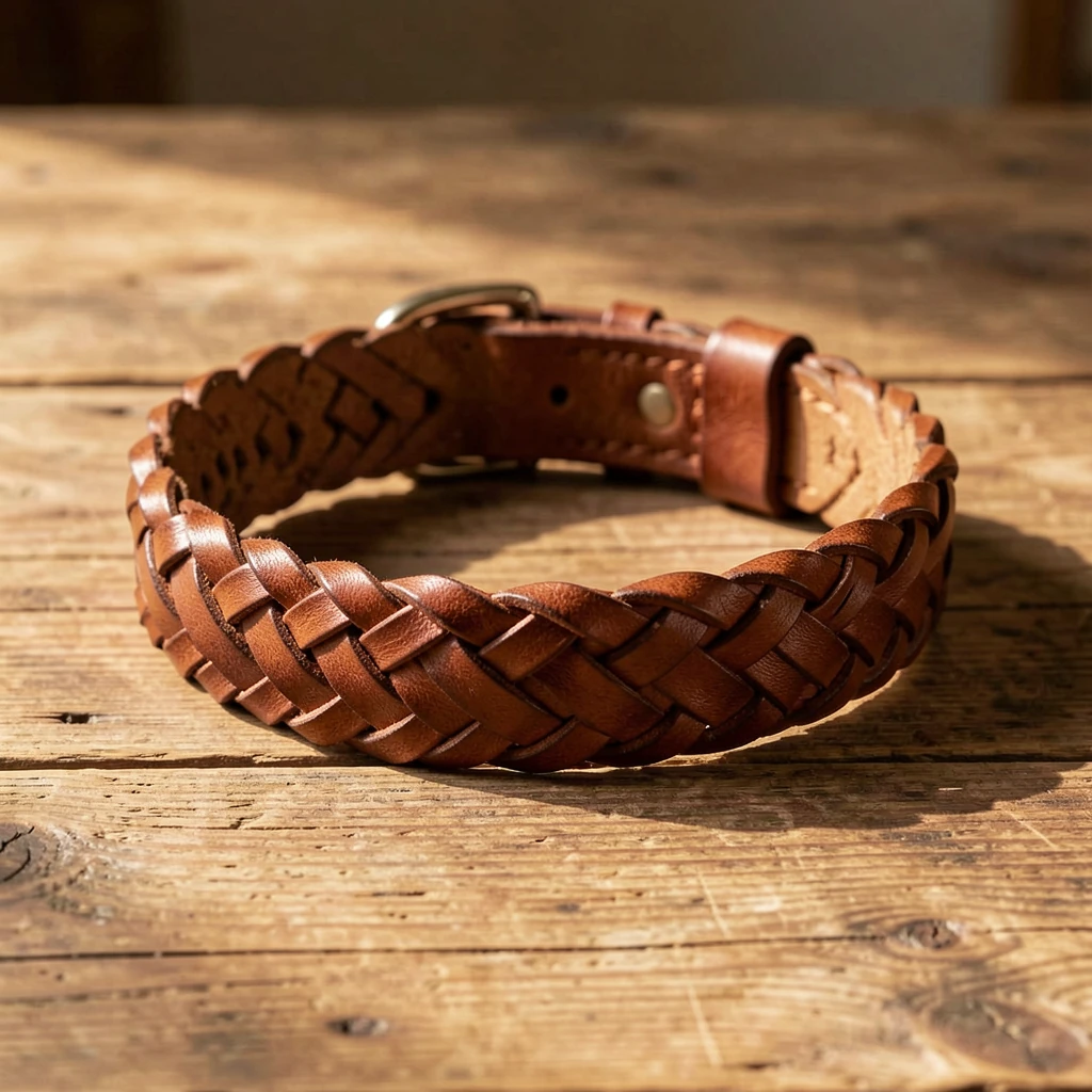 Collier chien tressé cuir artisanal sur table en bois