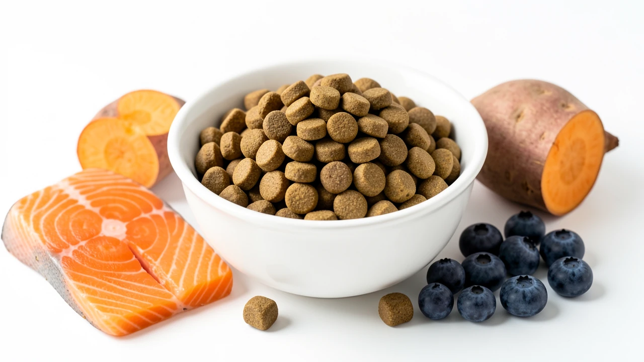 Bol de croquettes sans céréales pour chiot entouré d'ingrédients frais : saumon, patate douce et myrtilles