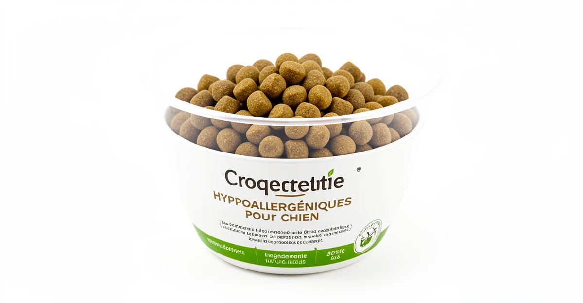 Croquettes hypoallergéniques pour chien dans un bol avec des ingrédients naturels : protéines hydrolysées et légumes frais