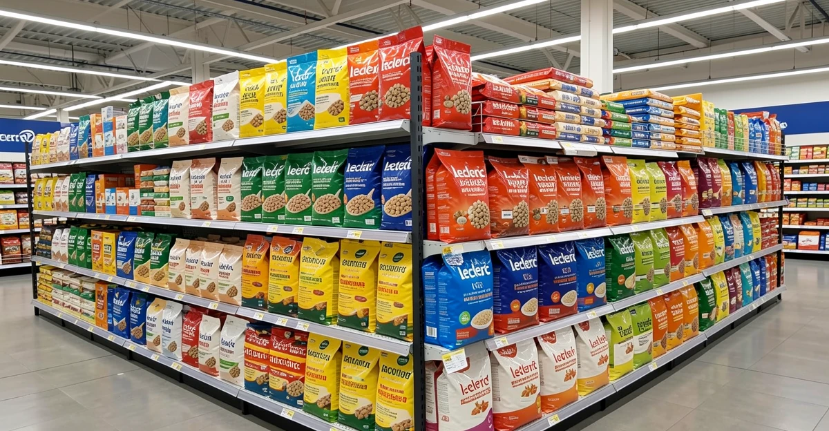Rayon de croquettes hypoallergéniques pour chien en grande distribution avec étiquettes de prix