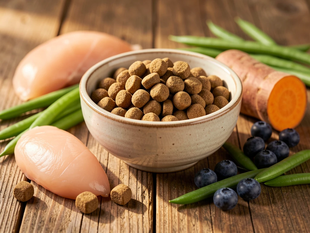 Bol de croquettes pour chien posé sur une table en bois, entouré d'ingrédients frais