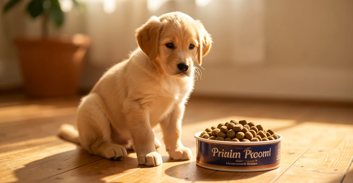 Croquettes pour chiot dans un bol, composition nutritionnelle adaptée à la croissance
