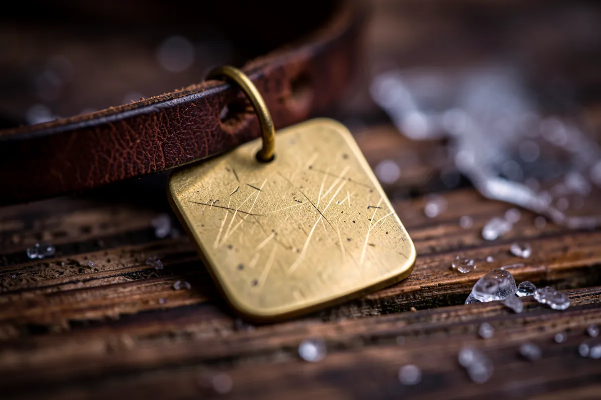Gros plan sur une médaille d'identification métallique pour chien.