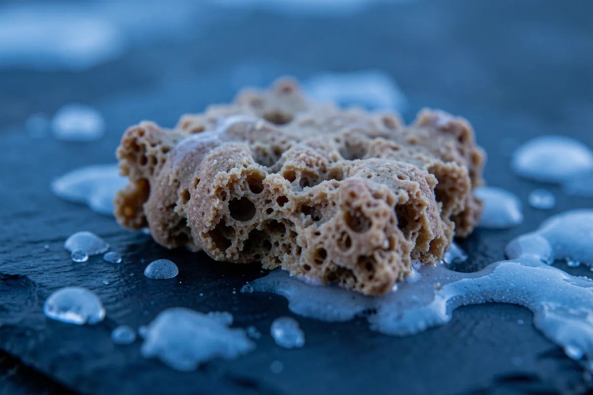Gros plan macro sur une friandise hypoallergénique naturelle posée sur une surface givrée.