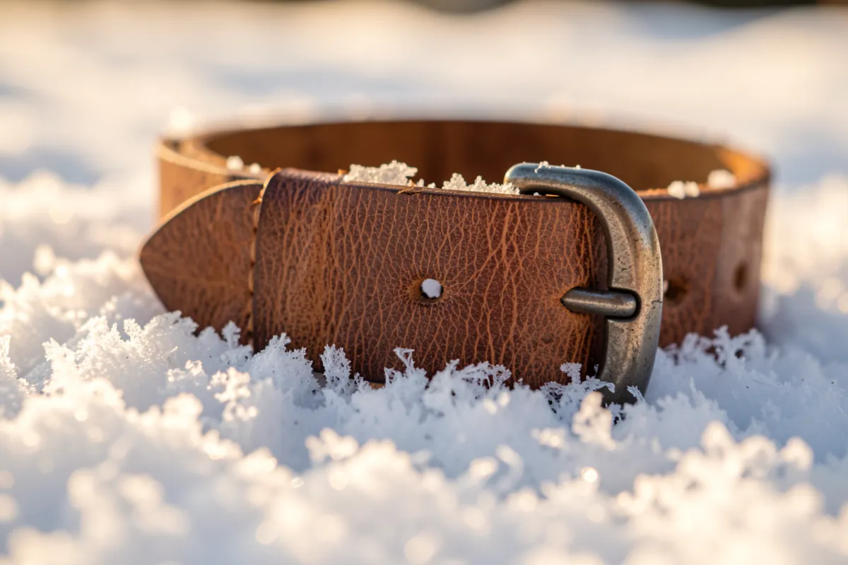 Détail macro du collier en cuir robuste d'un boxer posé sur la neige.