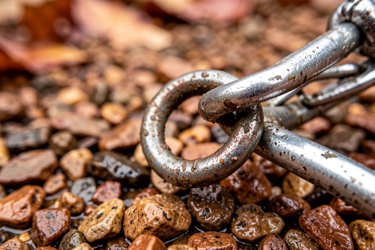 Gros plan sur une boucle de collier pour chien sur un sol gravillonné.