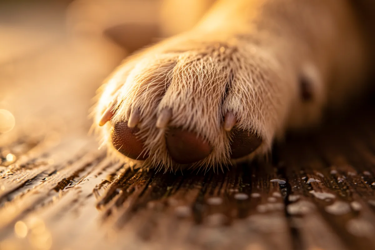 Gros plan sur la patte d'un chiot posée sur une surface en bois.