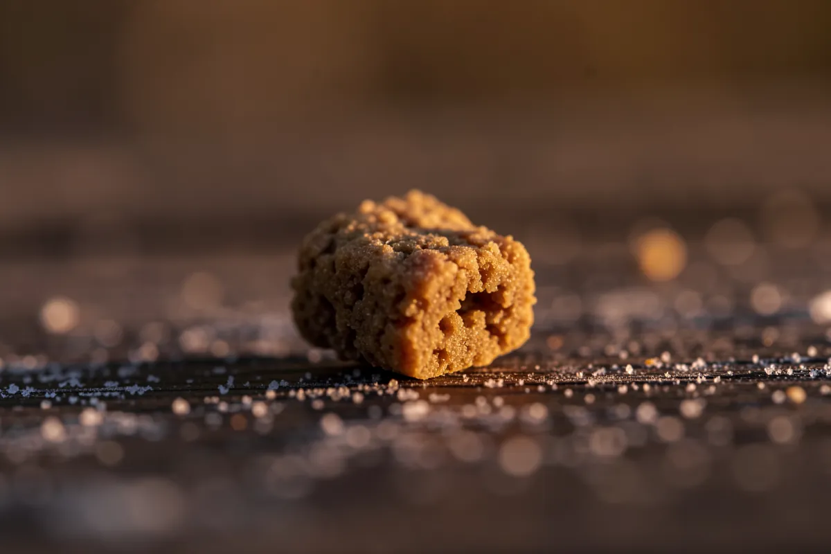 Gros plan macro sur une croquette pour chiot posée sur une surface en bois givré.