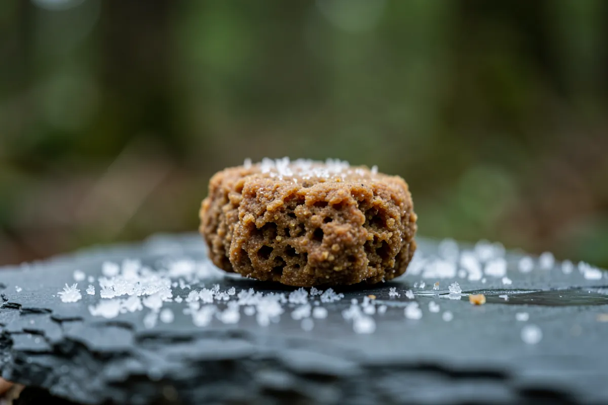 Gros plan macro sur une croquette pour chien à la texture riche.
