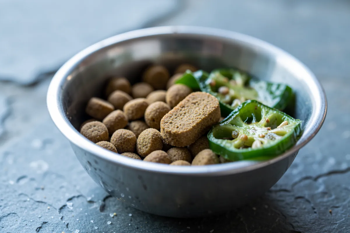 Gros plan macro sur une croquette et des légumes cuits dans une gamelle.