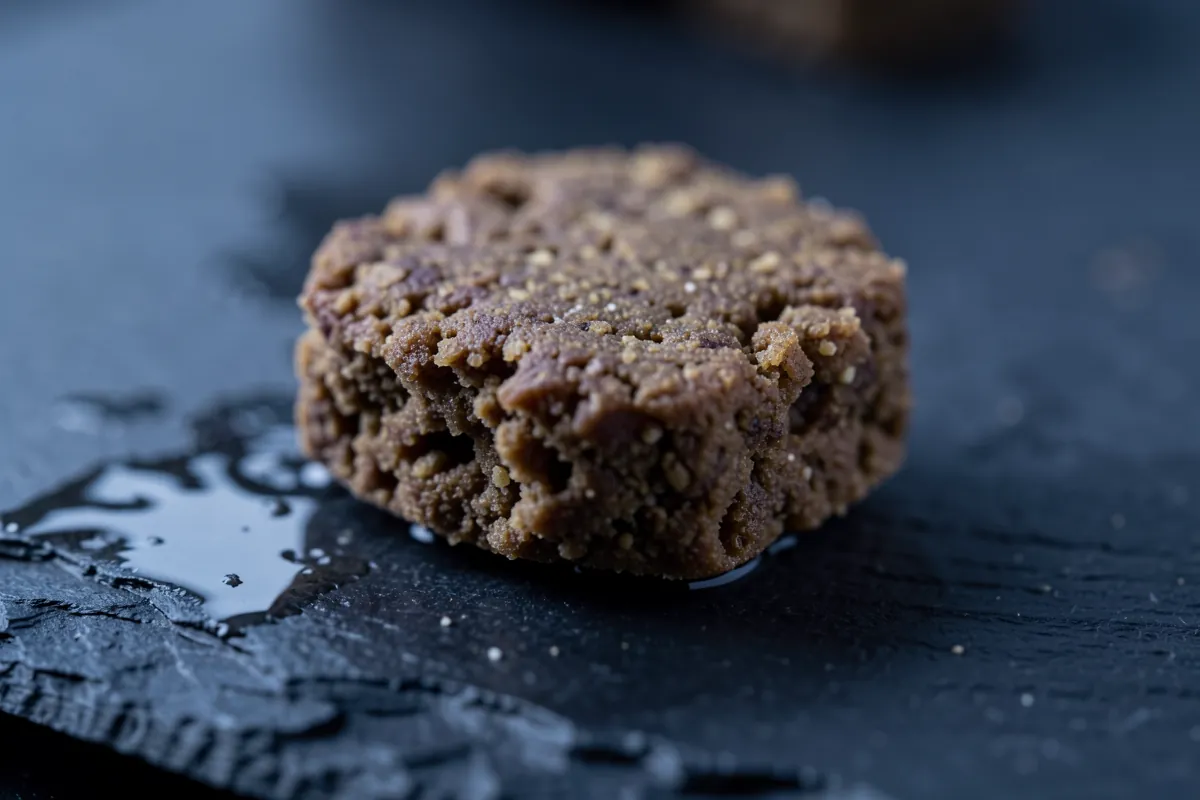 Gros plan macro sur une croquette pour chien senior à la texture poreuse.