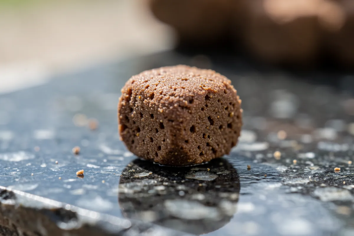 Gros plan macro sur une croquette pour chien stérilisé posée sur une surface en pierre.