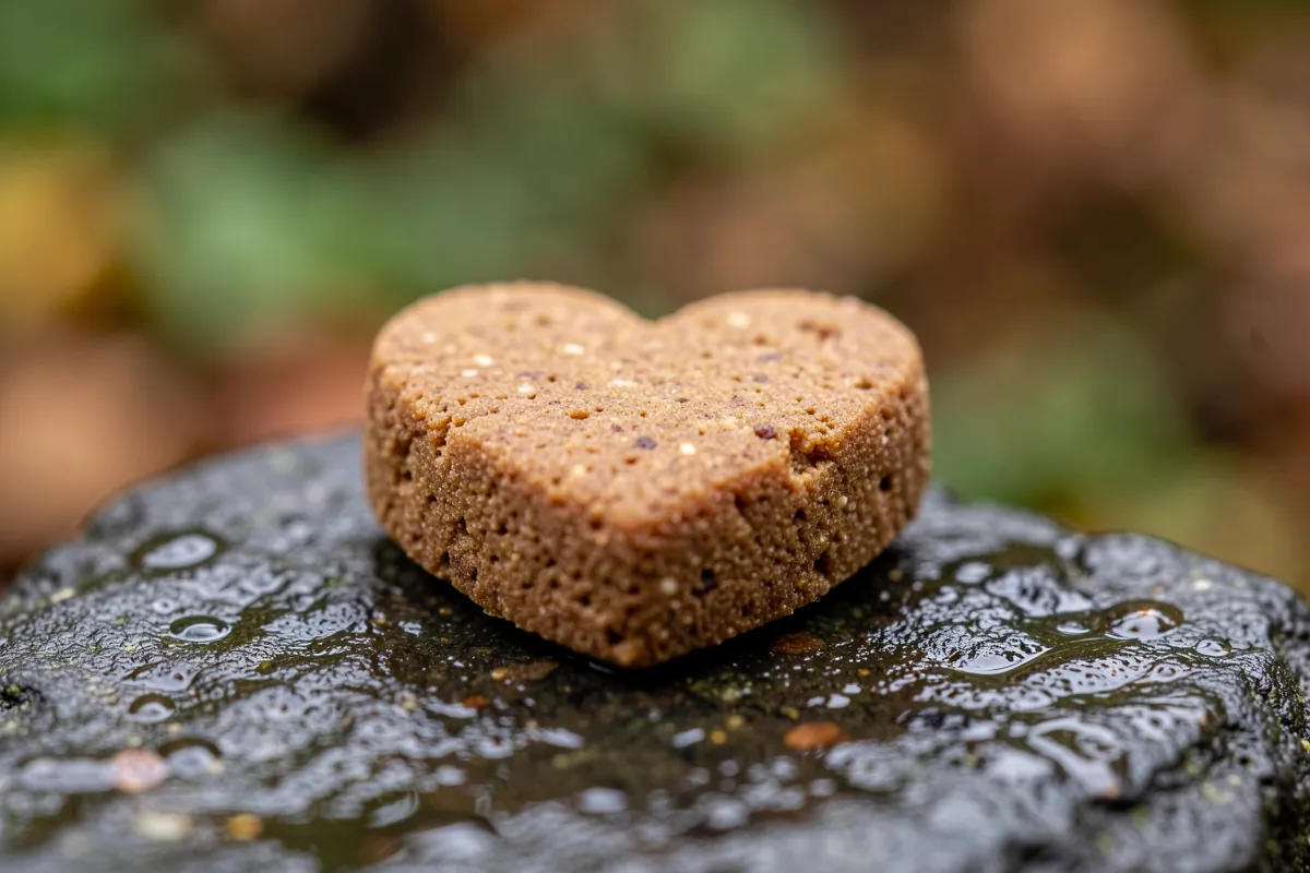 Gros plan sur une croquette pour chien de haute qualité posée sur une pierre naturelle.