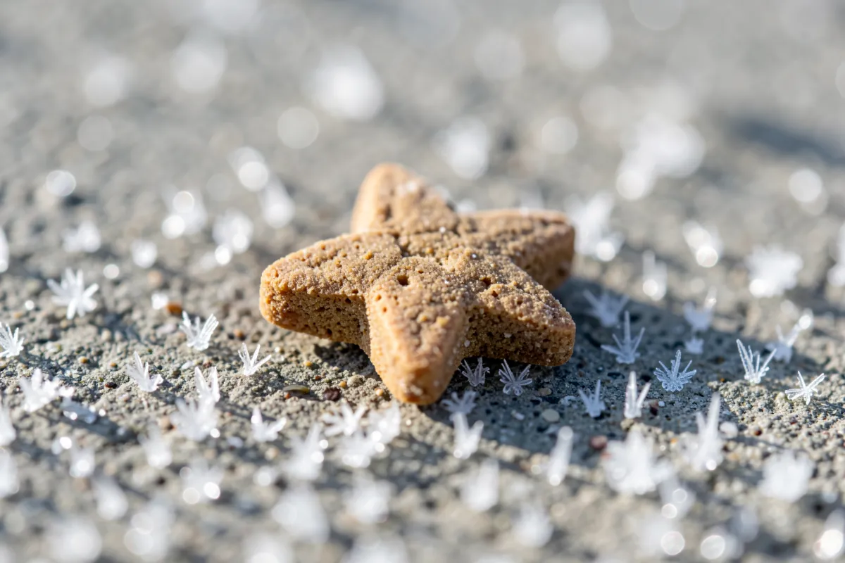Gros plan macro sur une croquette pour chiot déposée sur une surface givrée.
