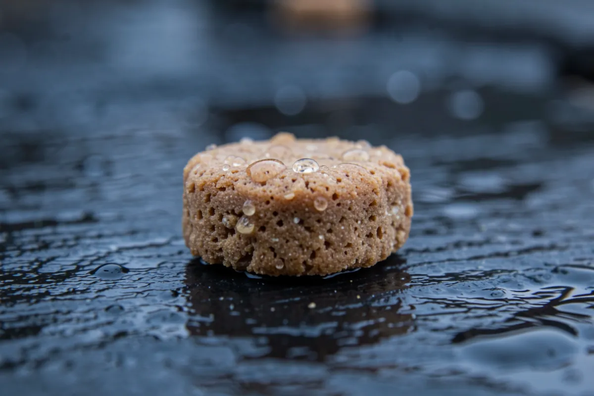 Gros plan macro sur une croquette sèche déposée sur une surface en ardoise humide.
