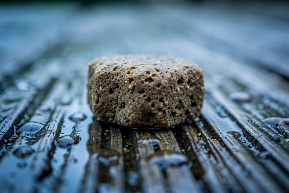 Gros plan sur une croquette de haute qualité posée sur du bois humide.