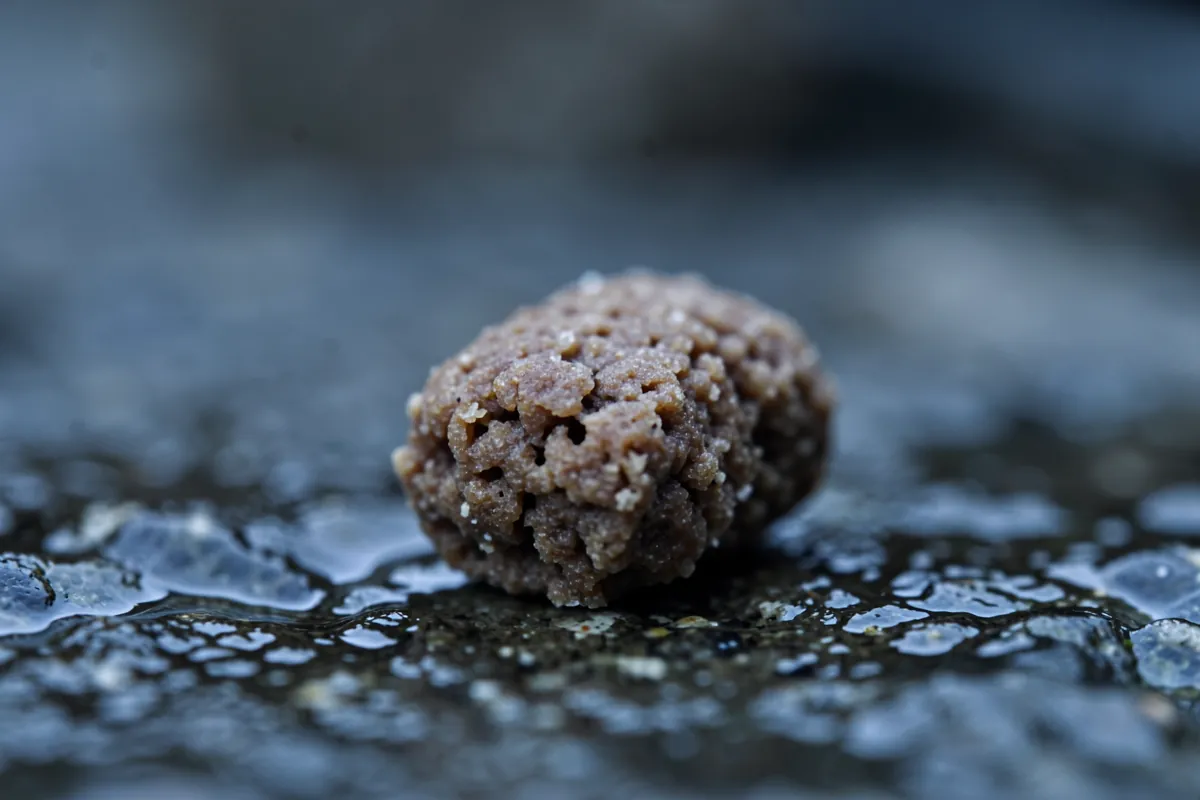 Gros plan macro sur une croquette ronde et texturée pour chiot.