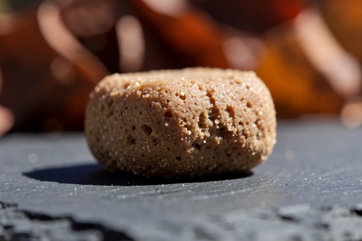 Gros plan macro d'une croquette molle à la texture souple.