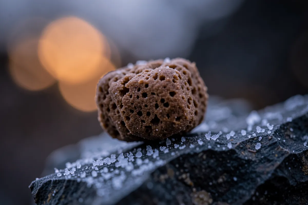Gros plan sur une croquette pour chien sur une pierre givrée.