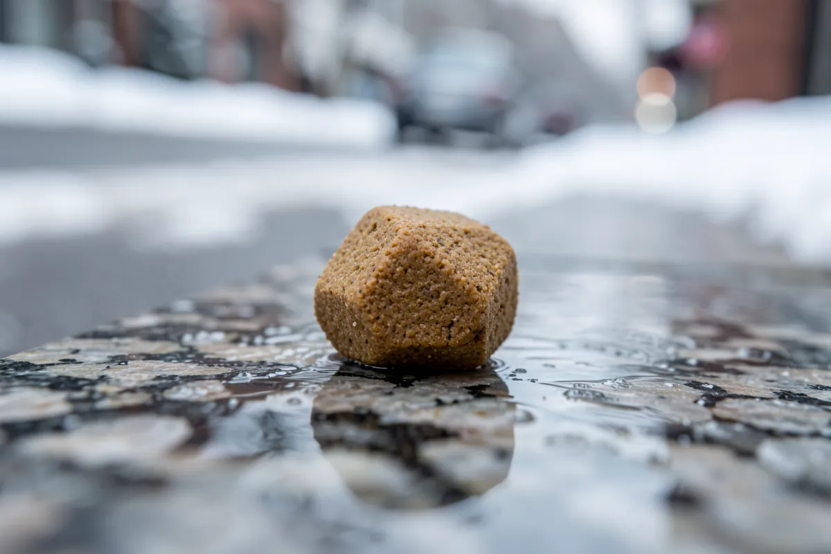 Gros plan macro sur une croquette pour chiot sur un rebord en granit humide.