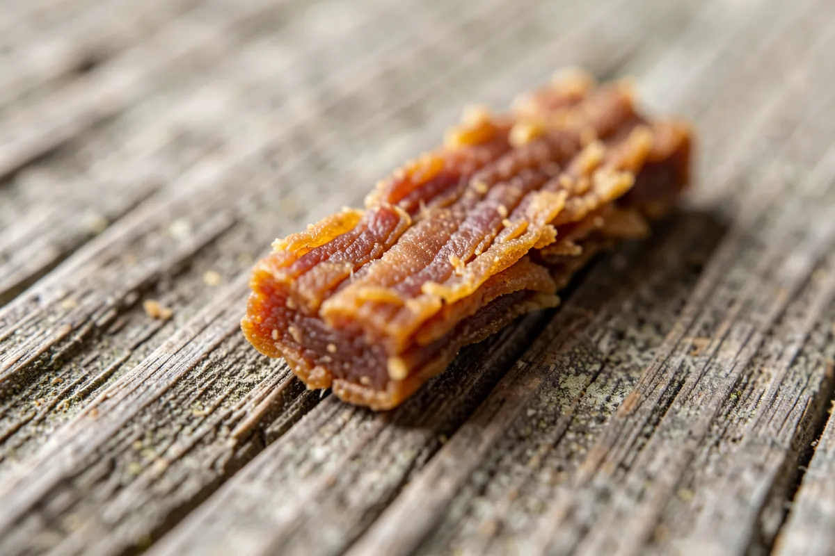 Gros plan macro sur une friandise naturelle pour chien texturée sur un support en bois.