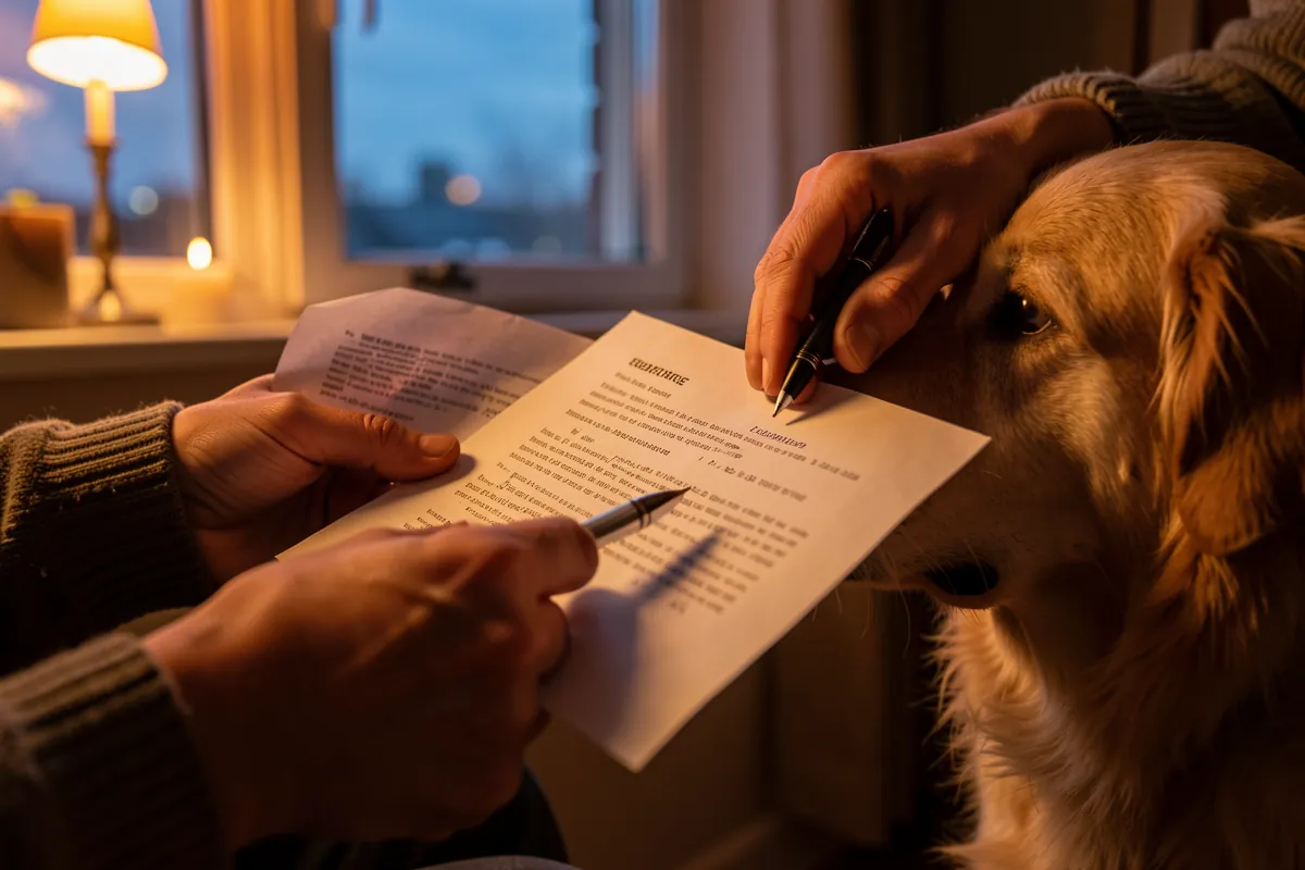 Un propriétaire de chien examinant attentivement un contrat d'assurance santé animale.