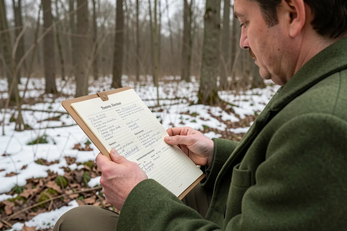 Une personne consulte des documents vétérinaires en plein air.