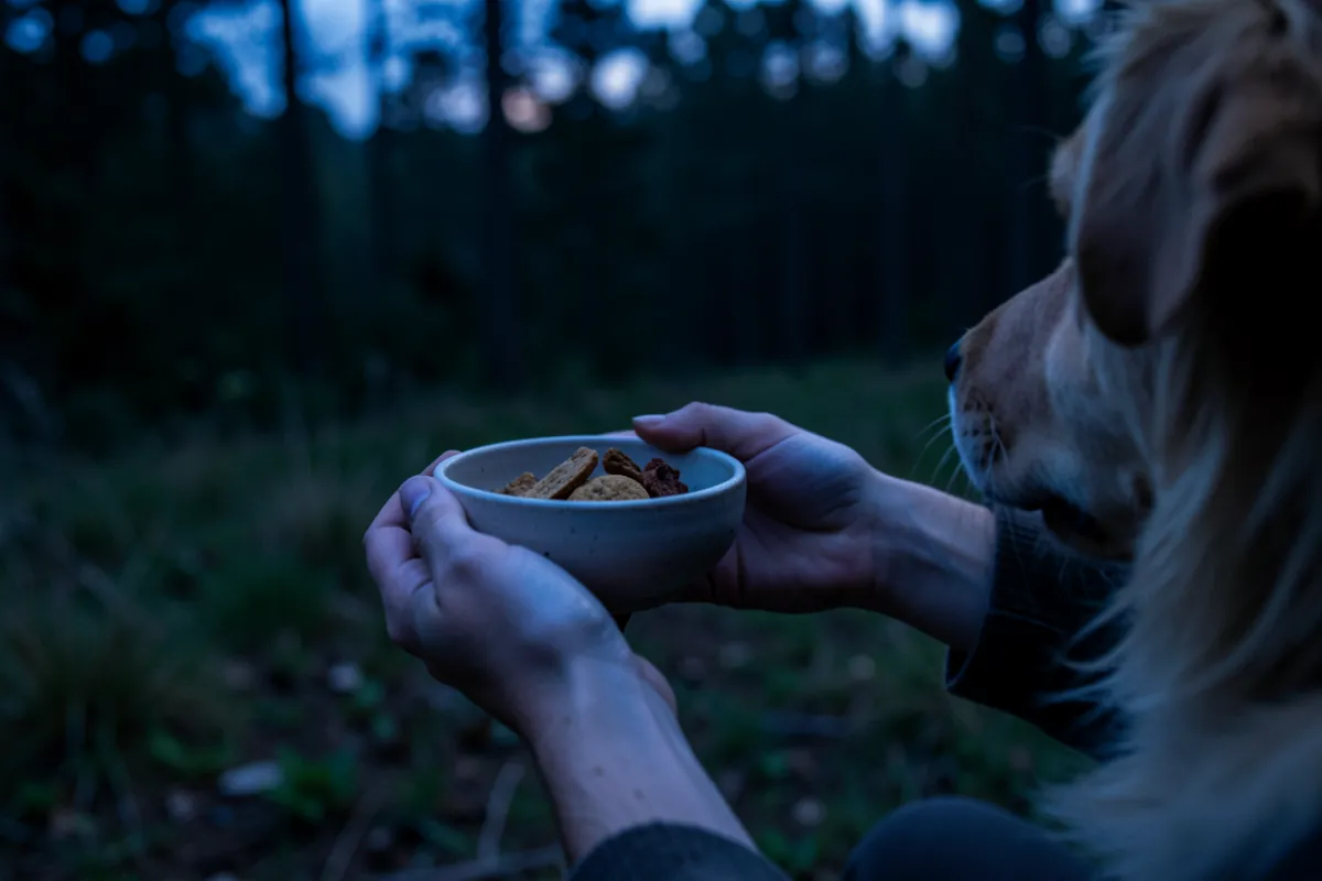 Une main propose une friandise adaptée à un chien en extérieur lors d'une promenade.