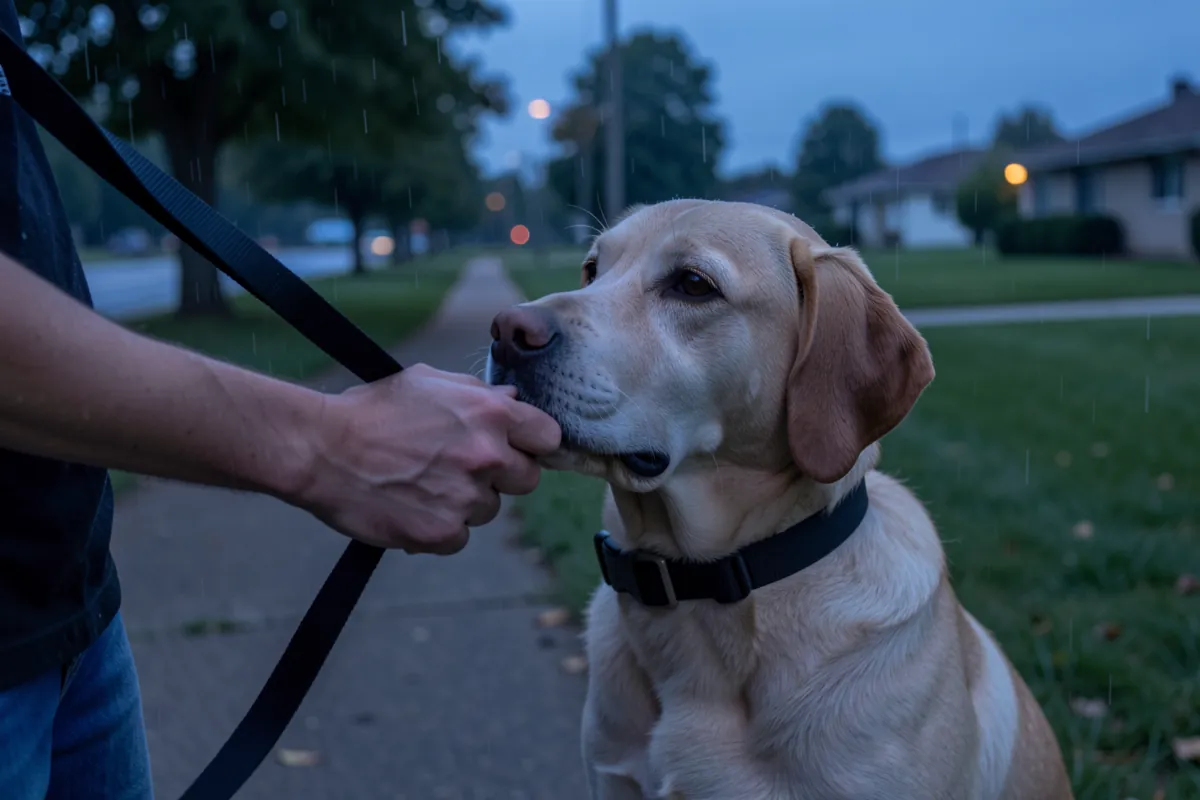 Les mains d'un maître ajustant un collier sur son chien lors d'une promenade.