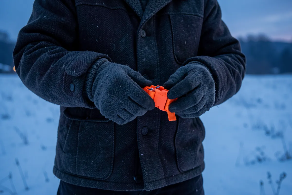 Les mains d'un chasseur ajustant un collier de sécurité orange avant la sortie.