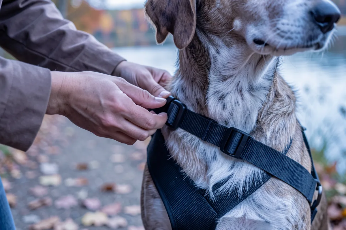 La main d'un maître ajustant délicatement les sangles d'un harnais sur son chien.