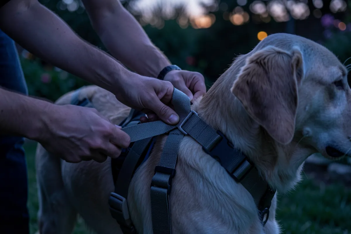 Une personne ajuste avec bienveillance un harnais sur son chien.