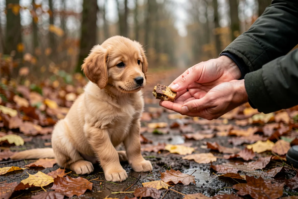 Une personne récompensant calmement un chiot pendant une séance d'éducation.