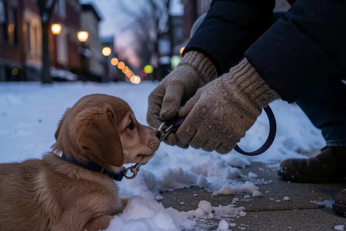Un maître attache la laisse de son chiot pour une sortie éducative sous la neige.
