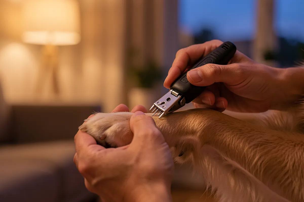 Une personne utilisant un coupe griffe pour chien avec douceur et précaution.