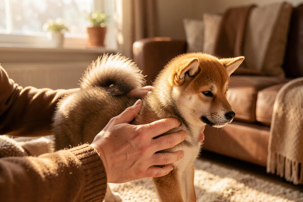 Une personne pratiquant le test des côtes sur un chiot Shiba Inu pour vérifier son poids.