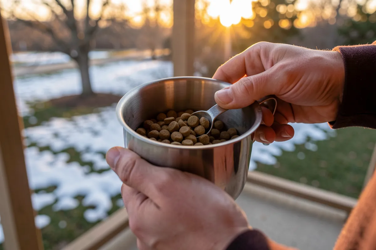 Une personne mesurant la ration quotidienne de croquettes pour son chien.